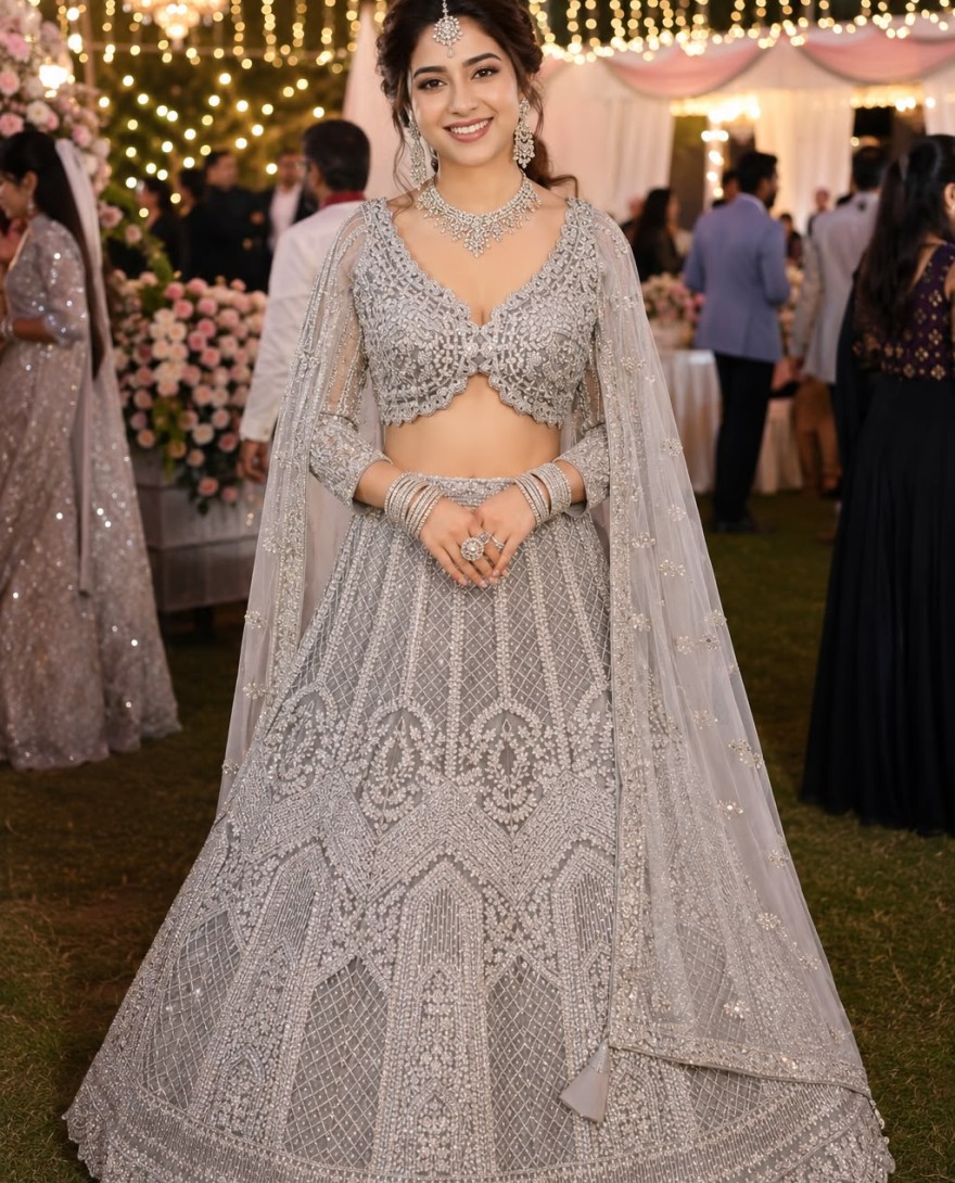 SILVER - Grey Net Lehenga Choli with Embroidered and Thread Work